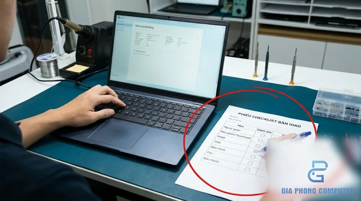 Kỹ thuật viên kiểm tra laptop sau sửa chữa theo checklist bàn giao