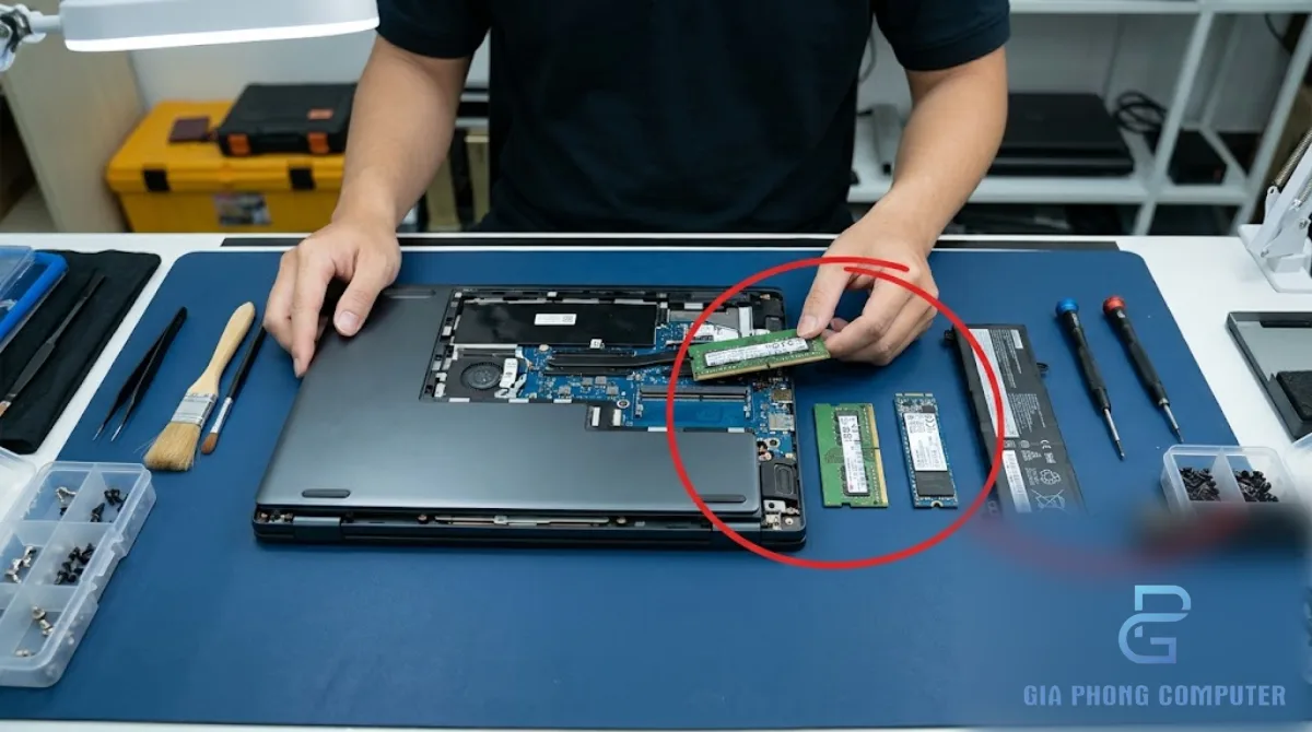 Kỹ thuật viên đối chiếu linh kiện laptop trên bàn kỹ thuật cửa hàng