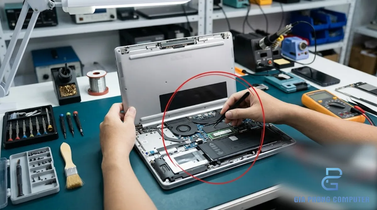 Kỹ thuật viên kiểm tra laptop tại phòng kỹ thuật cửa hàng sửa chữa