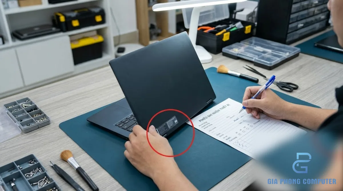 Kỹ thuật viên ghi nhận thông tin nhận diện laptop và linh kiện tại bàn kỹ thuật
