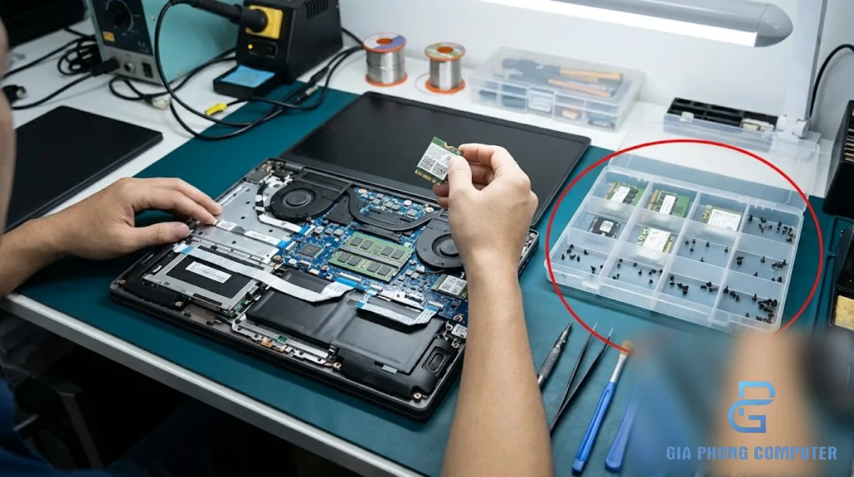 Kỹ thuật viên kiểm tra linh kiện laptop trước khi tiến hành sửa chữa