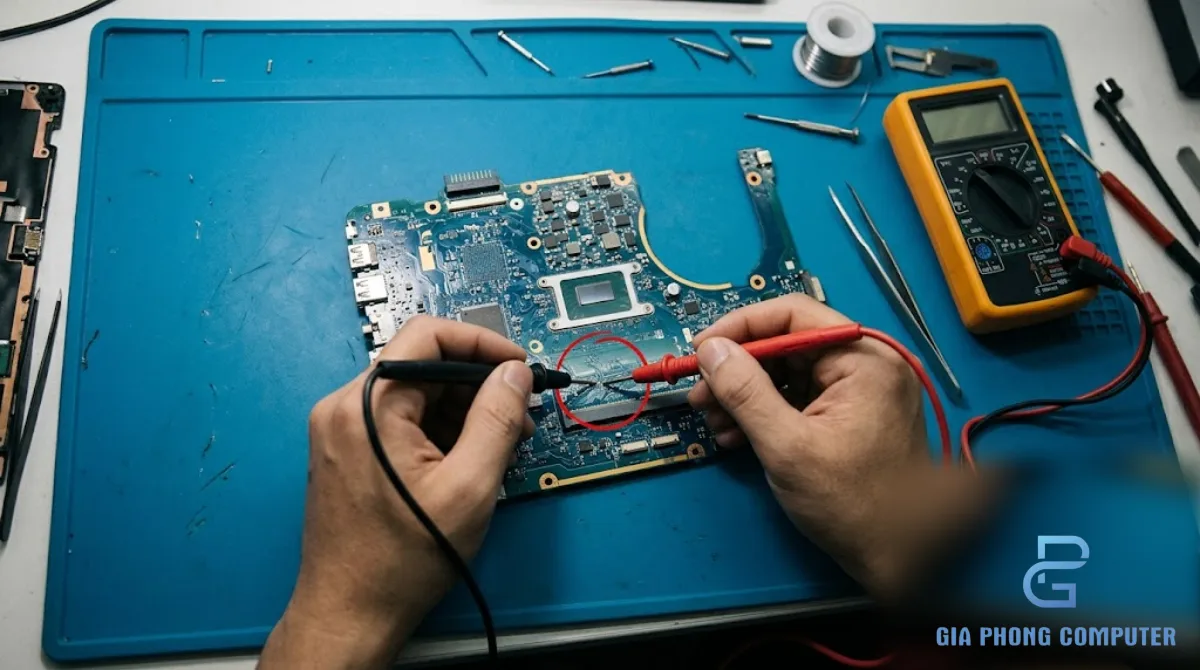 Kỹ thuật viên kiểm tra mainboard laptop trên bàn sửa chữa
