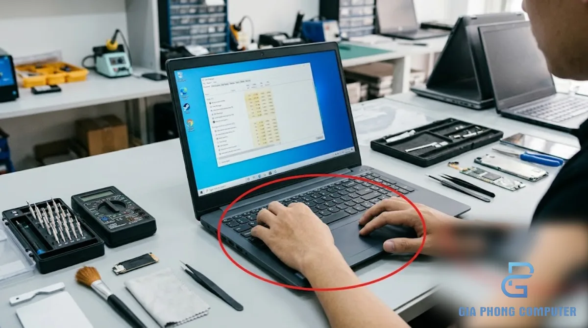 Kỹ thuật viên thao tác trên laptop để kiểm tra và xử lý lỗi phần mềm