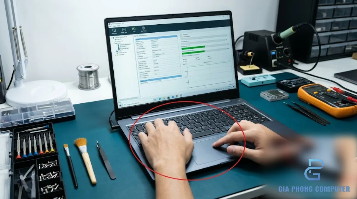 Kỹ thuật viên kiểm tra hoạt động laptop sau khi hoàn tất sửa chữa