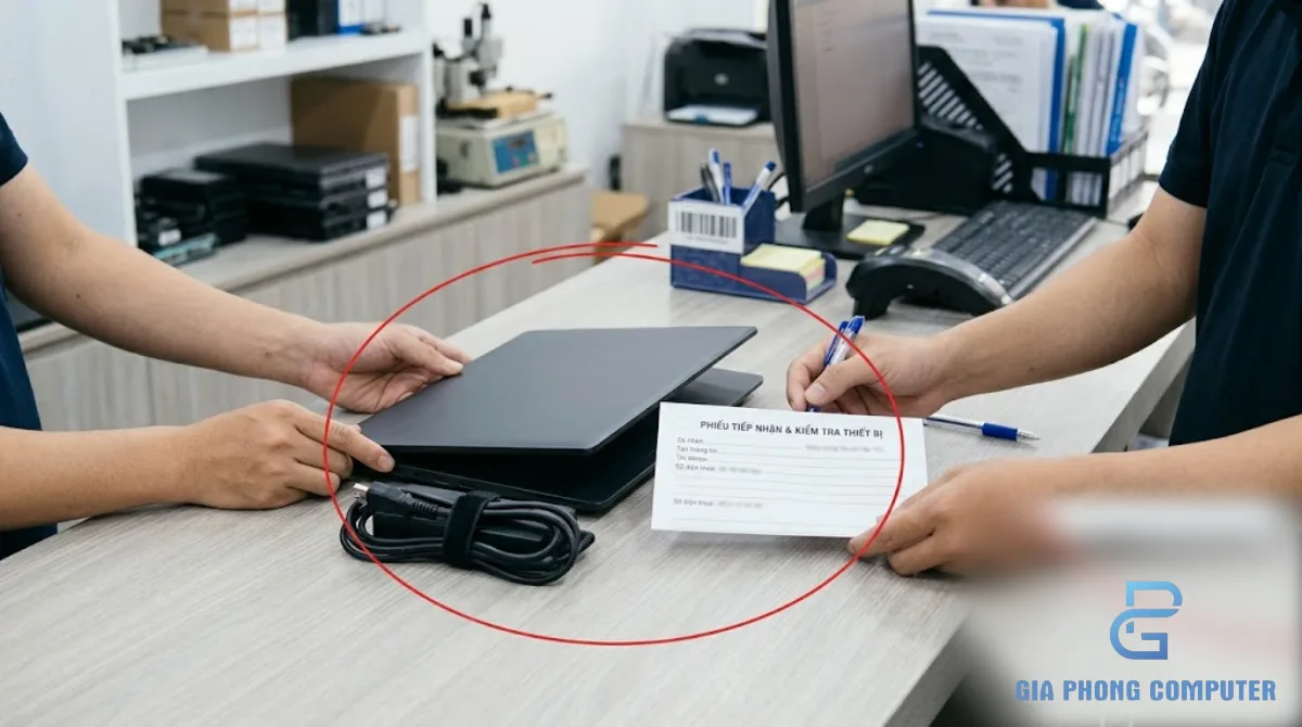 Kỹ thuật viên tiếp nhận laptop và ghi nhận tình trạng máy tại cửa hàng sửa chữa