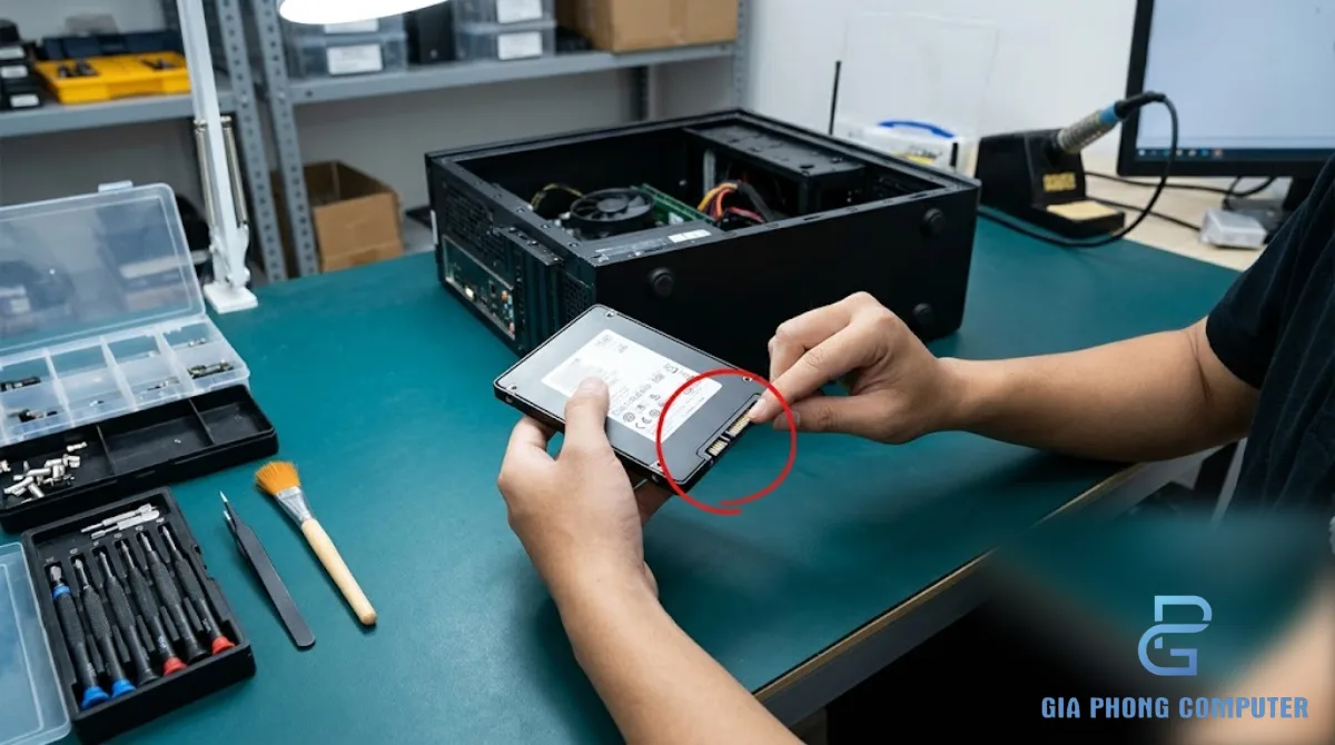 Kỹ thuật viên kiểm tra ổ lưu trữ máy tính và chuẩn bị thao tác an toàn