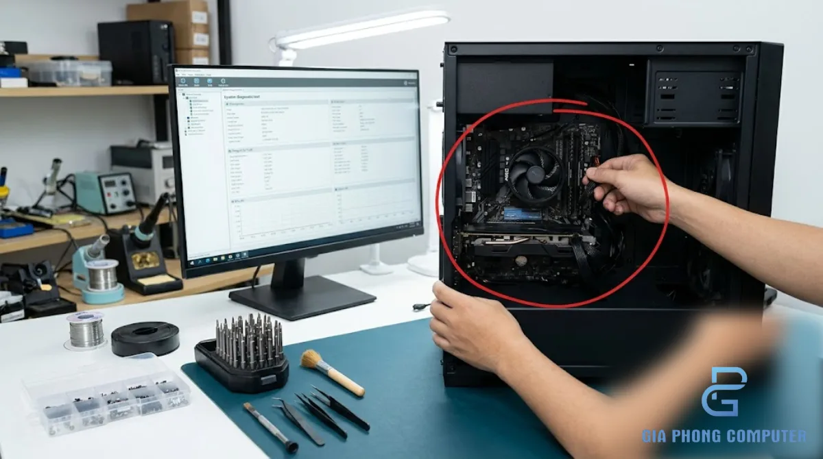 Kỹ thuật viên kiểm tra máy tính bàn tại nhà khách hàng ở TPHCM