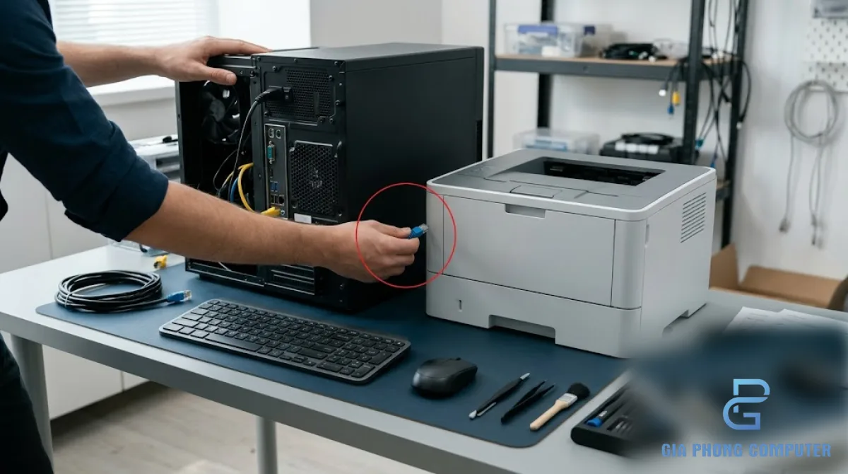 Kỹ thuật viên kiểm tra máy tính và kết nối thiết bị trong văn phòng