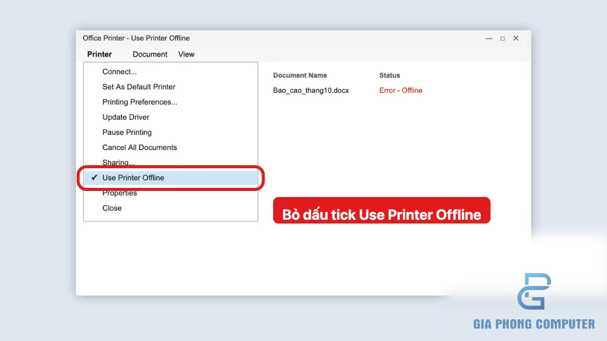 Bỏ chọn Use Printer Offline trong hàng đợi máy in Windows 11