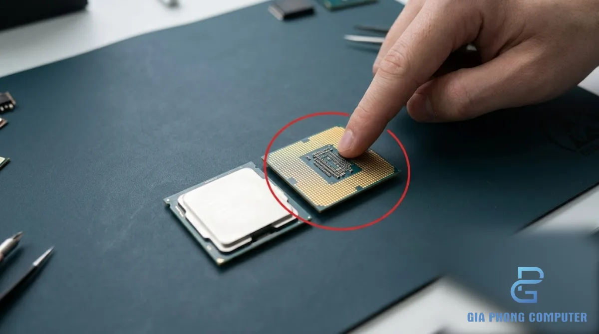 Kỹ thuật viên lắp CPU vào socket mainboard máy tính để bàn