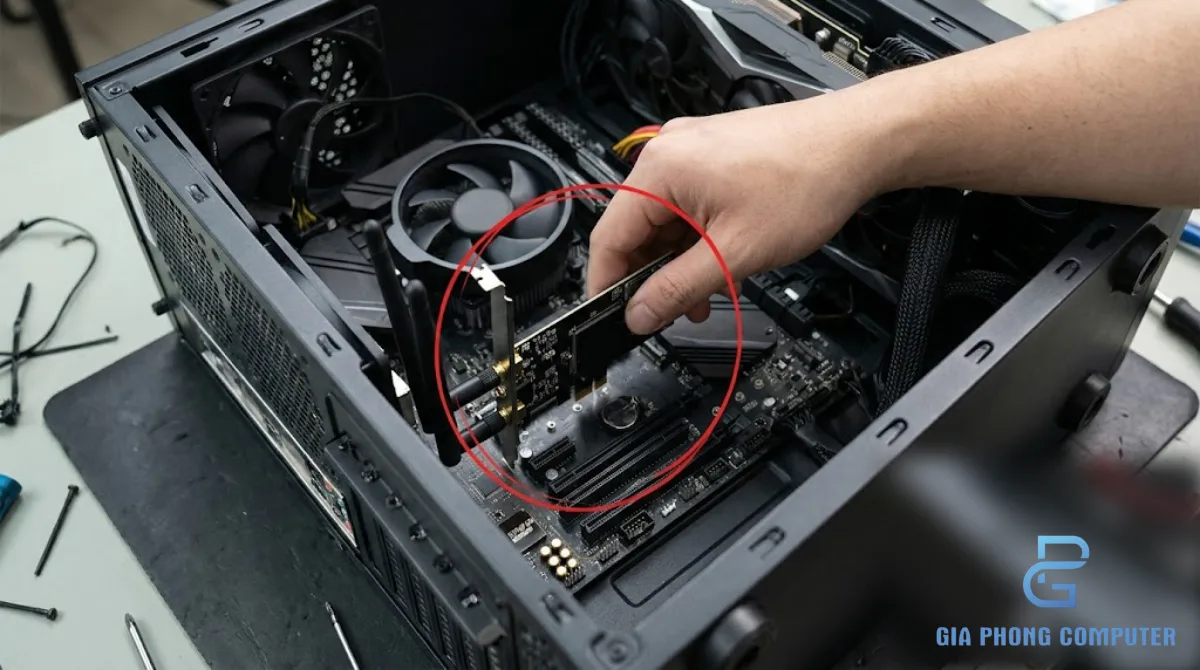 Kỹ thuật viên lắp card WiFi PCIe vào mainboard máy tính để bàn