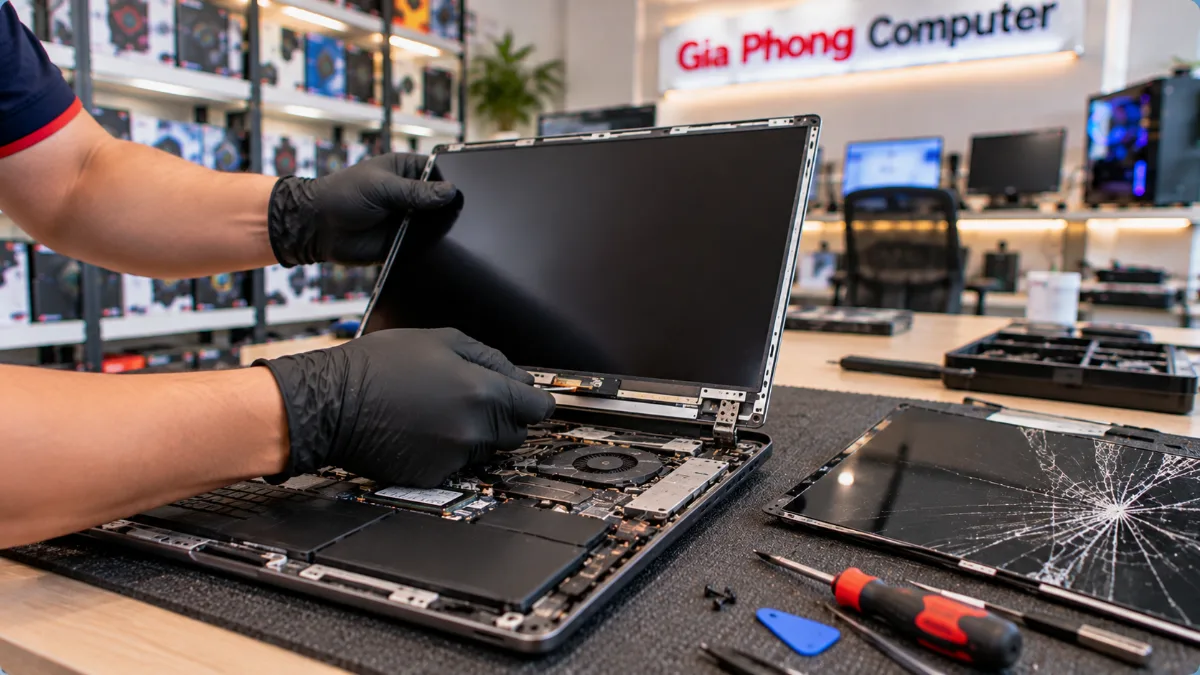 Kỹ thuật viên đeo găng lắp màn hình laptop mới vào khung máy bên cạnh màn hình cũ bị nứt tại Gia Phong Computer