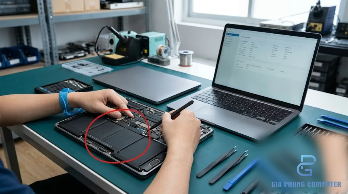 Đôi tay kỹ thuật viên kiểm tra mã máy và khu vực pin trên MacBook Air và MacBook Pro