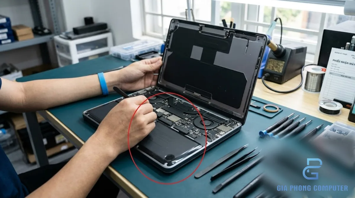Kỹ thuật viên kiểm tra pin MacBook trên bàn kỹ thuật tại cửa hàng sửa chữa máy tính