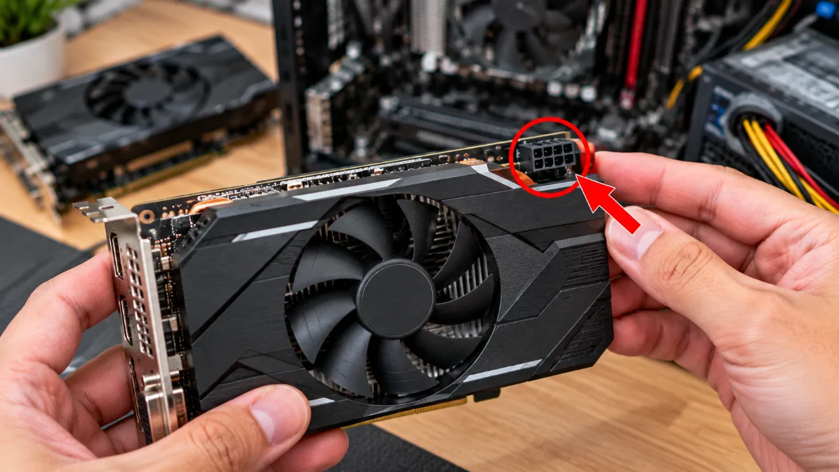 Hai bàn tay cầm card đồ họa GTX 1650 thiết kế một quạt màu đen, vòng tròn đỏ và mũi tên đỏ đánh dấu đầu nối nguồn PCIe 6-pin trên card