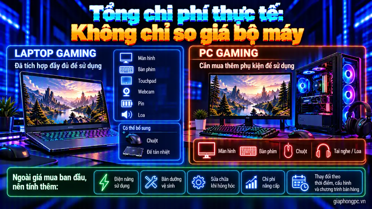 So sánh tổng chi phí laptop gaming và PC gaming gồm thiết bị, màn hình, phụ kiện, bảo dưỡng và nâng cấp