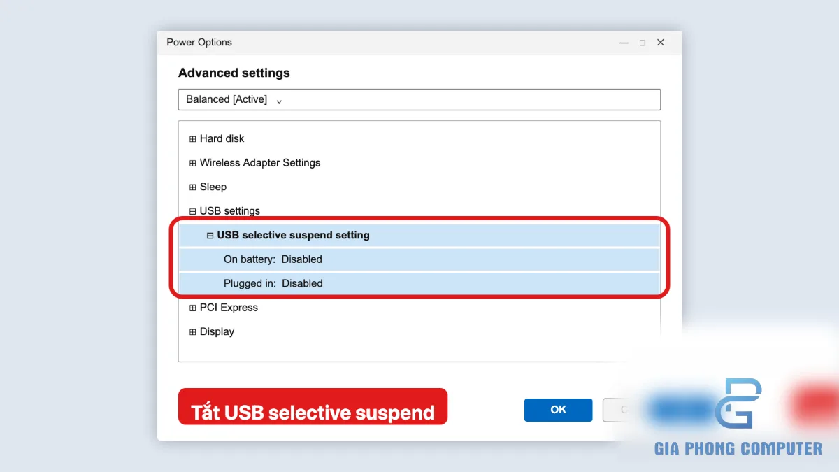 Kiểm tra USB selective suspend trong Power Options của Windows