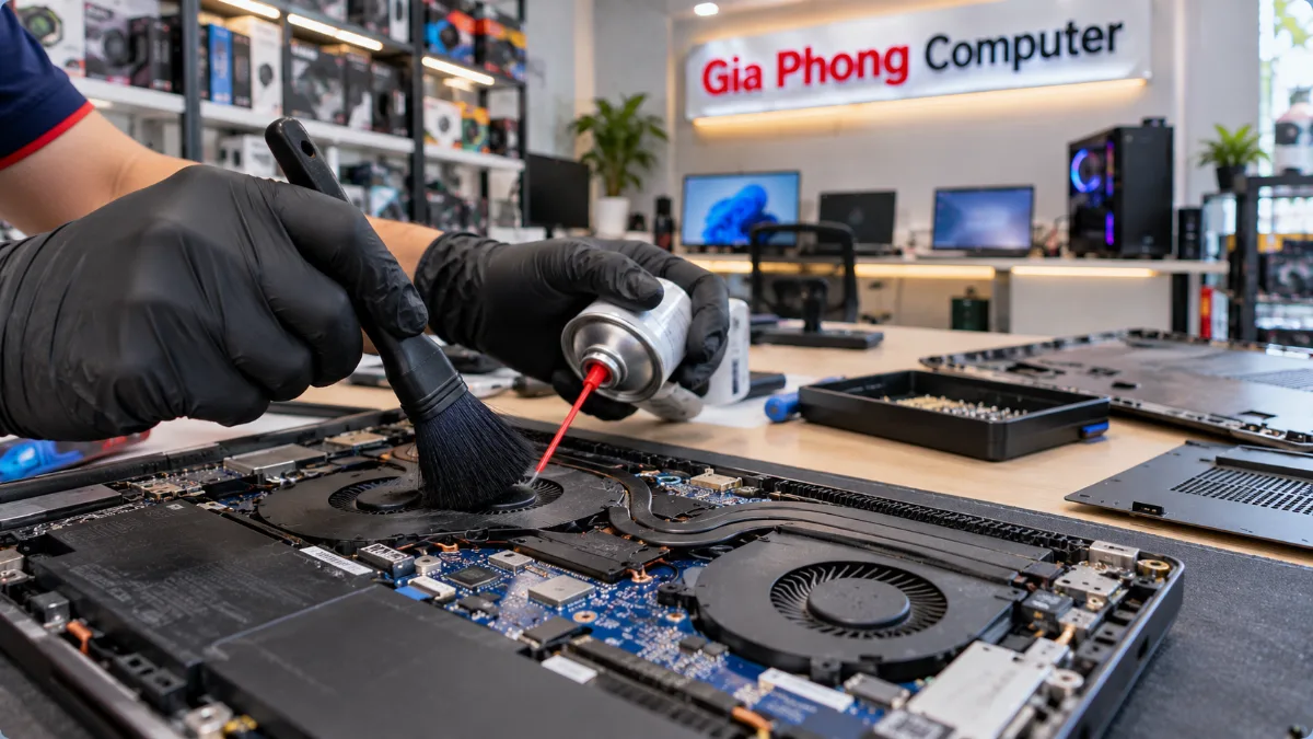 Kỹ thuật viên dùng chổi mềm và bình khí nén vệ sinh quạt tản nhiệt bên trong laptop tại Gia Phong Computer