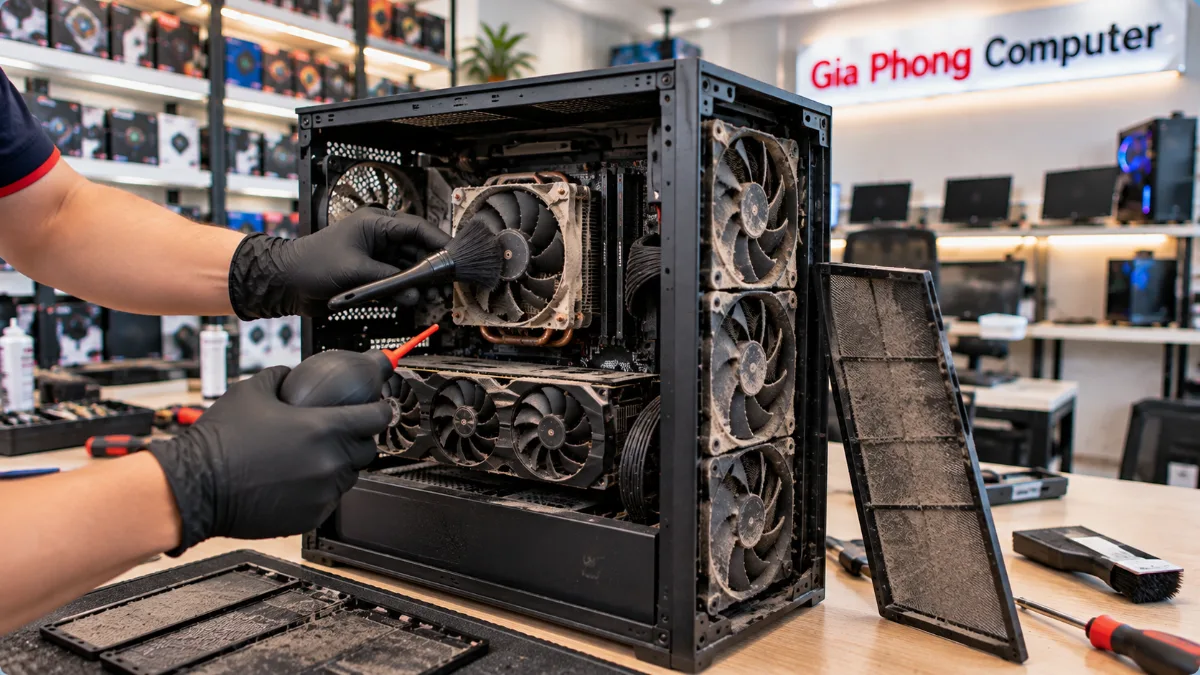 Kỹ thuật viên vệ sinh quạt case, card đồ họa và linh kiện bên trong thùng PC tại Gia Phong Computer