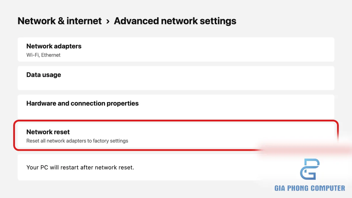 Mở Network reset trong Advanced network settings của Windows 11