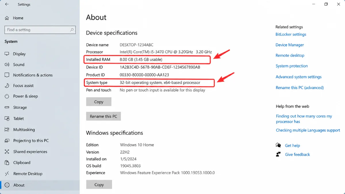 Kiểm tra System type trong Windows để xác định hệ điều hành 32-bit hay 64-bit khi máy tính nhận thiếu RAM