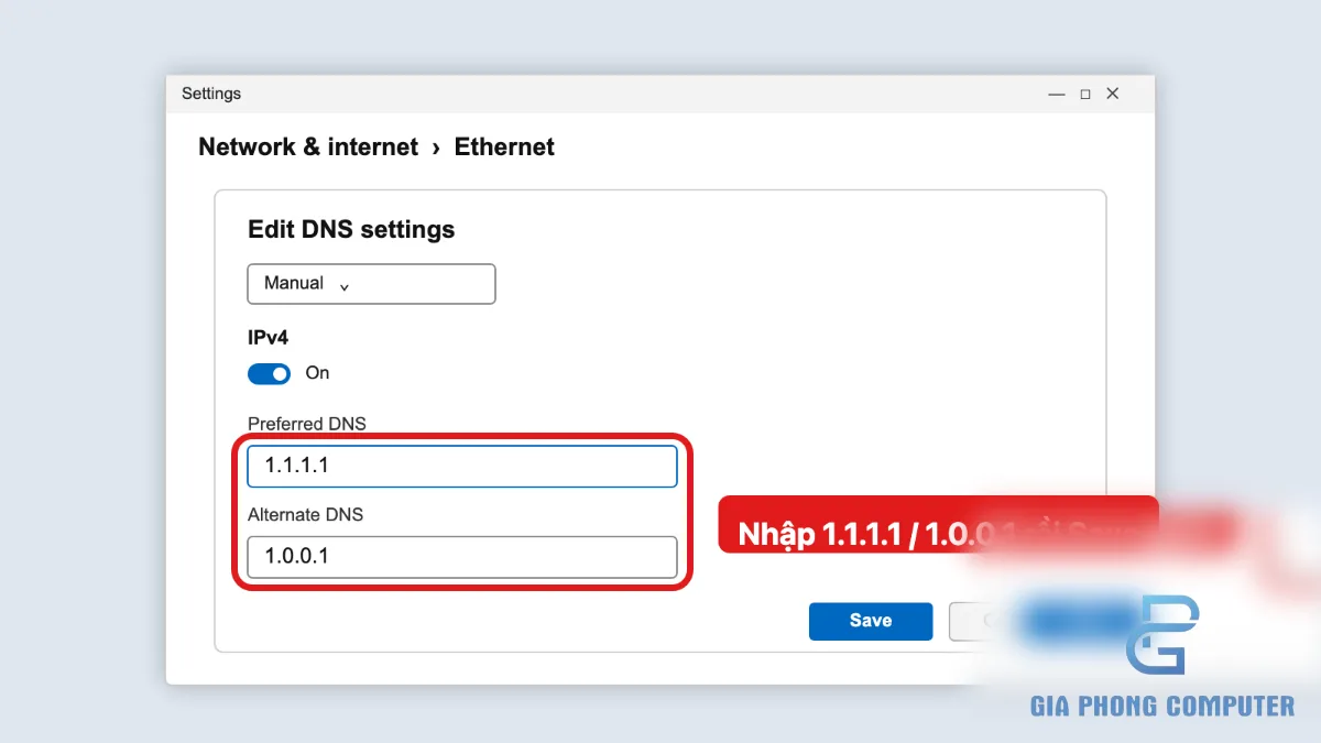 Thiết lập DNS 1.1.1.1 hoặc 8.8.8.8 trong Windows để kiểm tra lỗi Steam