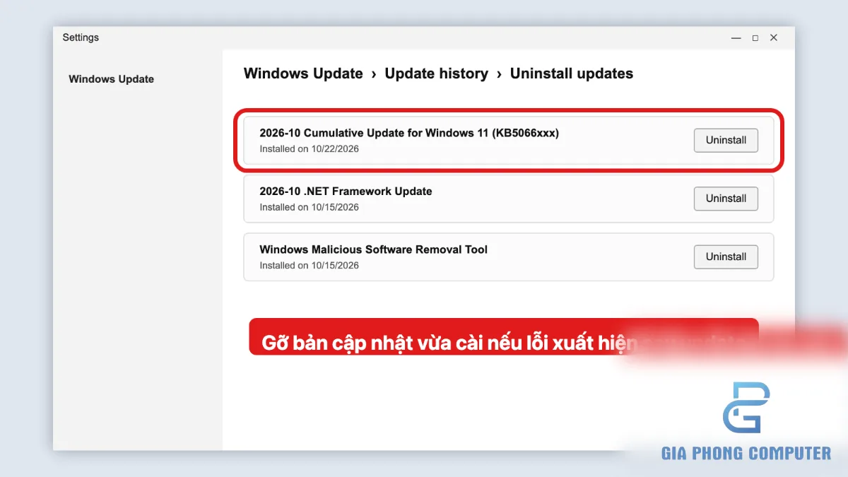 Mở lịch sử Windows Update và tùy chọn gỡ bản cập nhật trên Windows 11