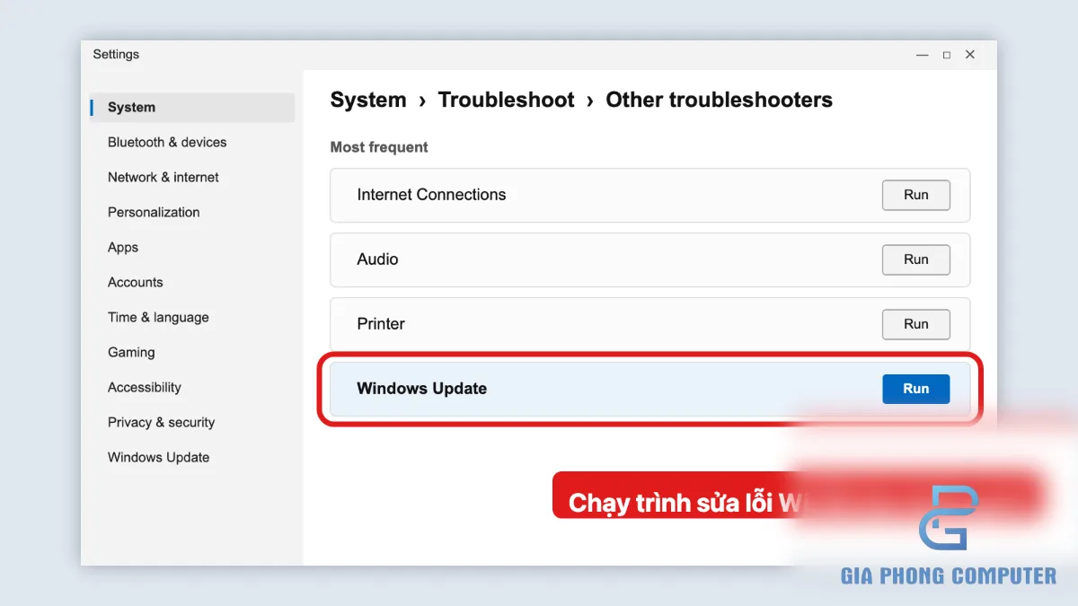 Giao diện Windows 11 Settings với đường dẫn System Troubleshoot Other troubleshooters và Windows Update